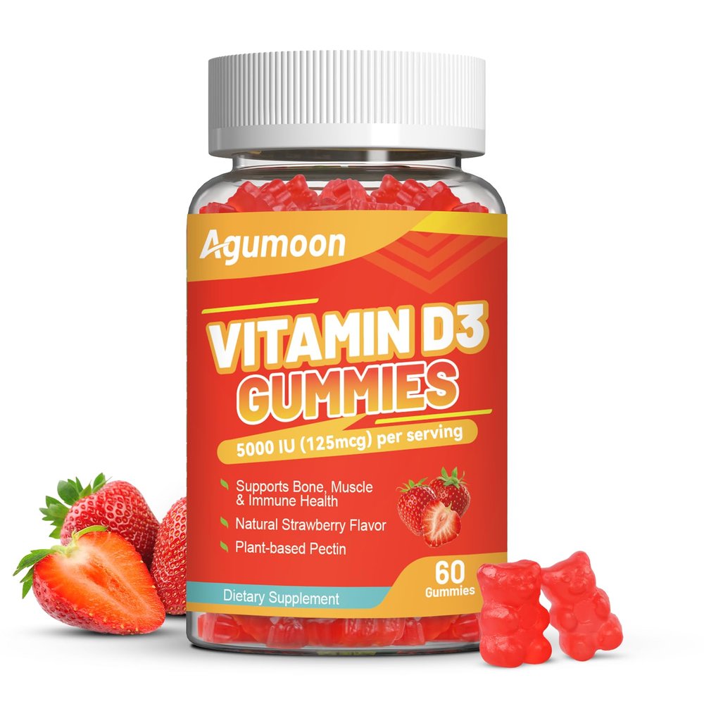 Agumoon Vitamin D3 5000 IU 125mcg Gummies - Vitamin D Gummies for Adults, Support Immune, Bone, Muscle Health - Non-GMO, Gluten-Free, Dairy-Free, No Gelatin, 60 Count, Strawberry Flavor