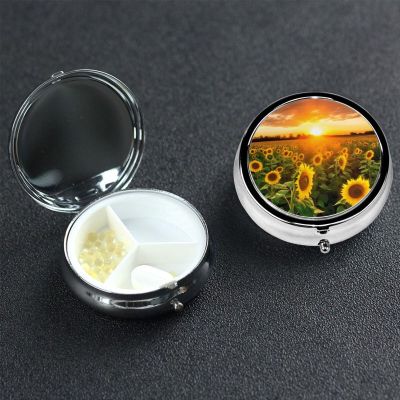 Sunflower Field Sunset Pill Box 3 Compartment Round Portable Pill Case for Pocket or Purse Pill Holder Weekly Pill Organizer Decorative Metal Medicine Vitamin Organizer Travel Gift