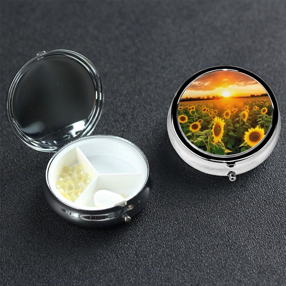 Sunflower Field Sunset Pill Box 3 Compartment Round Portable Pill Case for Pocket or Purse Pill Holder Weekly Pill Organizer Decorative Metal Medicine Vitamin Organizer Travel Gift