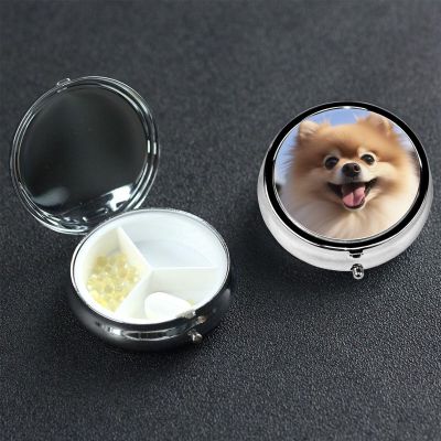Happy Pomeranian Pill Box 3 Compartment Round Portable Pill Case for Pocket or Purse Pill Holder Weekly Pill Organizer Decorative Metal Medicine Vitamin Organizer Travel Gift
