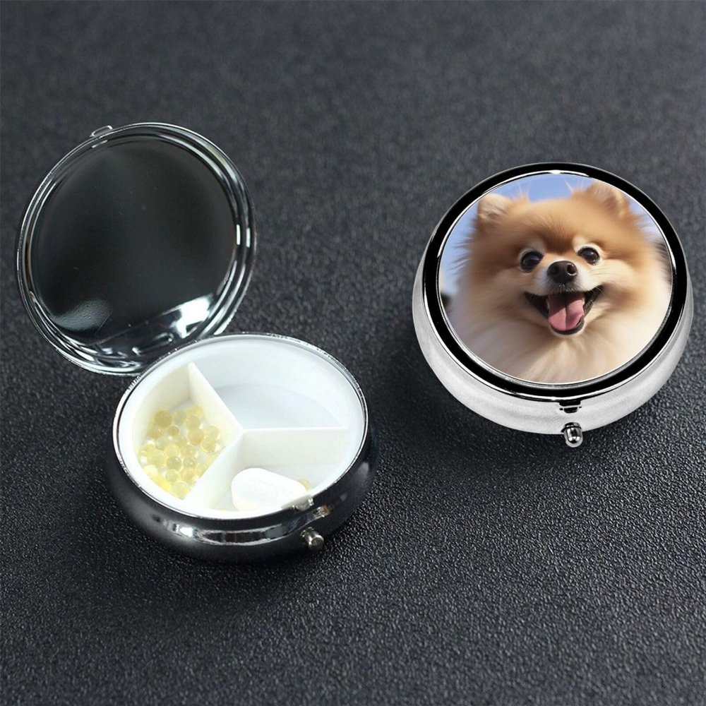 Happy Pomeranian Pill Box 3 Compartment Round Portable Pill Case for Pocket or Purse Pill Holder Weekly Pill Organizer Decorative Metal Medicine Vitamin Organizer Travel Gift