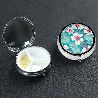 Tropical Hibiscus Flowers Pill Box 3 Compartment Round Portable Pill Case for Pocket or Purse Pill Holder Weekly Pill Organizer Decorative Metal Medicine Vitamin Organizer Travel Gift