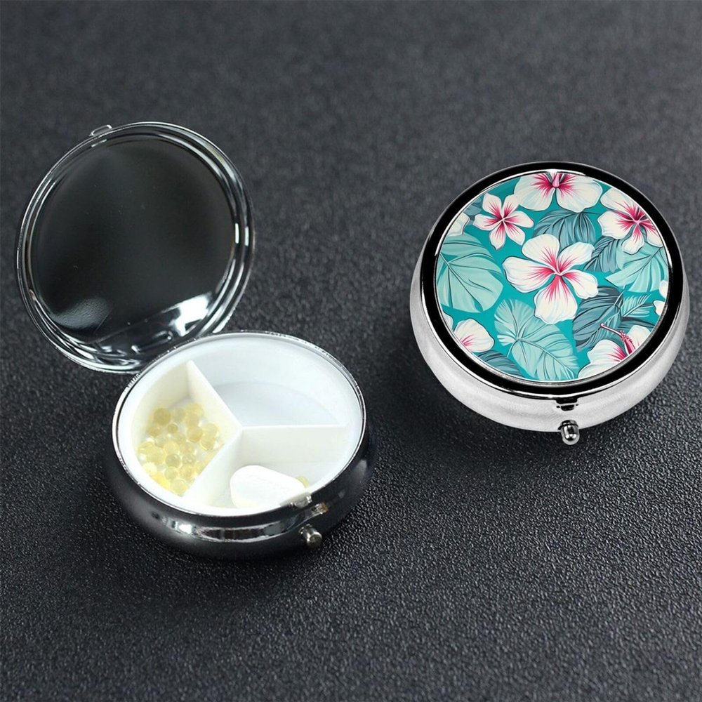 Tropical Hibiscus Flowers Pill Box 3 Compartment Round Portable Pill Case for Pocket or Purse Pill Holder Weekly Pill Organizer Decorative Metal Medicine Vitamin Organizer Travel Gift