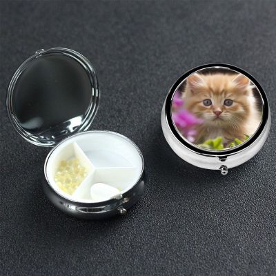 Cute Cat Pill Box 3 Compartment Round Portable Pill Case for Pocket or Purse Pill Holder Weekly Pill Organizer Decorative Metal Medicine Vitamin Organizer Travel Gift