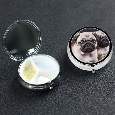 Puppys Pug Pill Box 3 Compartment Round Portable Pill Case for Pocket or Purse Pill Holder Weekly Pill Organizer Decorative Metal Medicine Vitamin Organizer Travel Gift