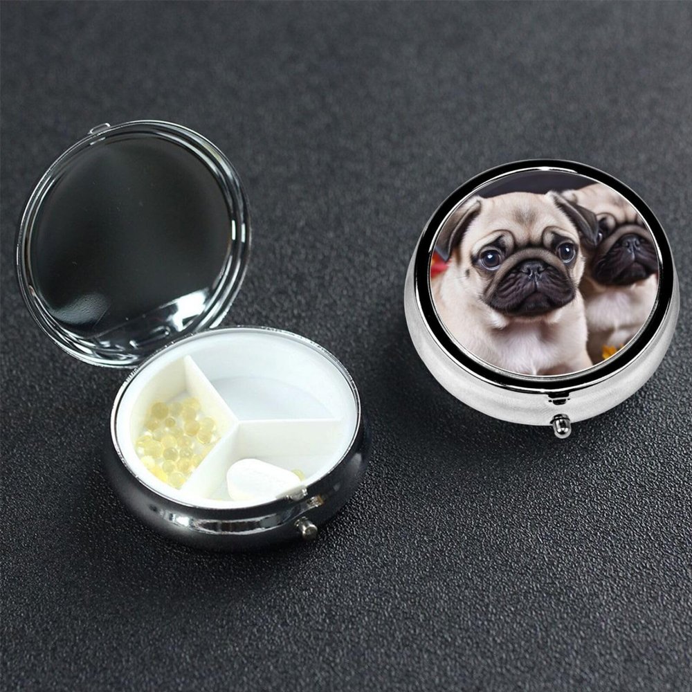 Puppys Pug Pill Box 3 Compartment Round Portable Pill Case for Pocket or Purse Pill Holder Weekly Pill Organizer Decorative Metal Medicine Vitamin Organizer Travel Gift