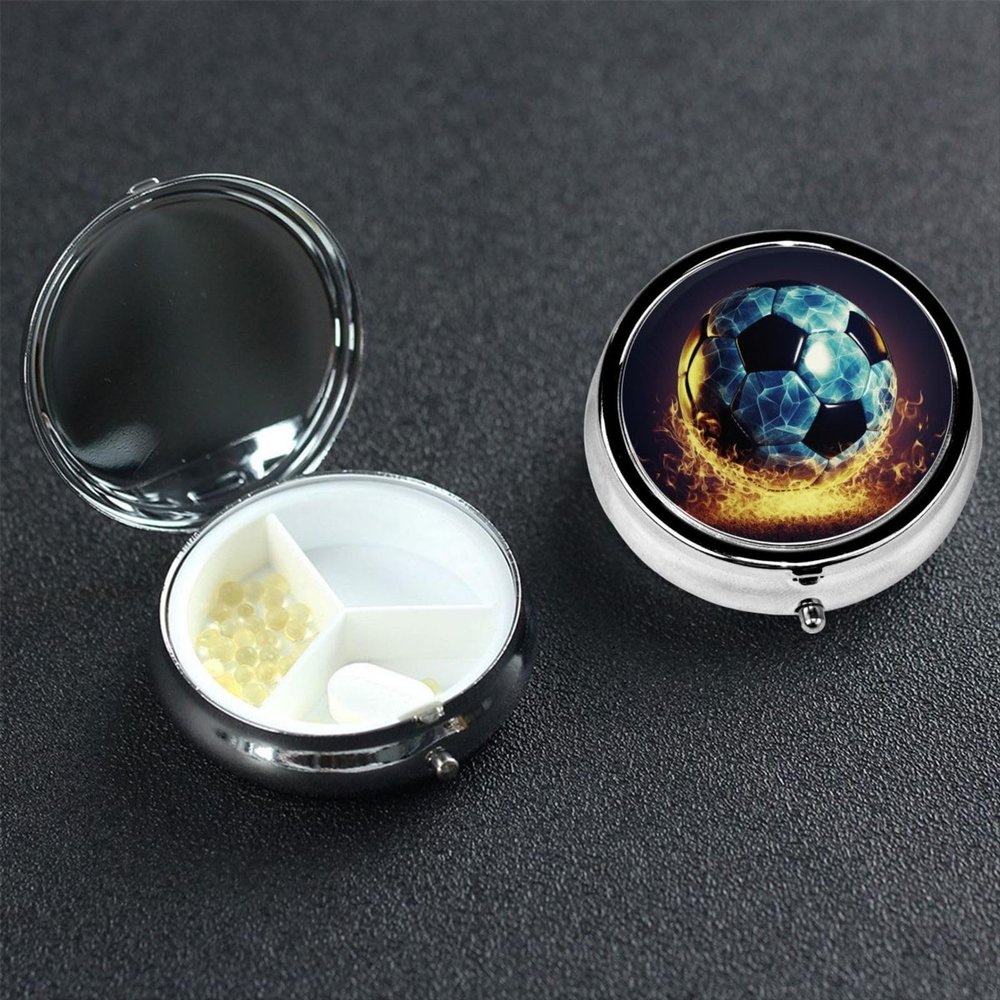 Cool Soccer Ball Pill Box 3 Compartment Round Portable Pill Case for Pocket or Purse Pill Holder Weekly Pill Organizer Decorative Metal Medicine Vitamin Organizer Travel Gift
