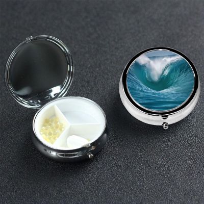 Ocean Wave Pill Box 3 Compartment Round Portable Pill Case for Pocket or Purse Pill Holder Weekly Pill Organizer Decorative Metal Medicine Vitamin Organizer Travel Gift