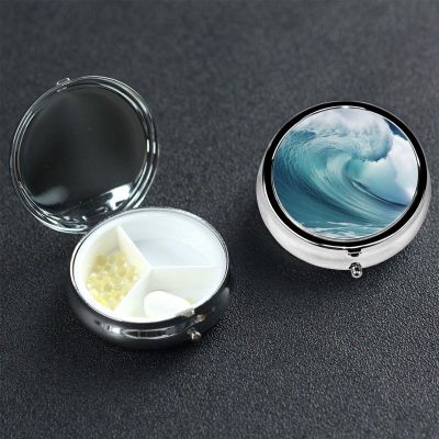 Ocean Waves Pill Box 3 Compartment Round Portable Pill Case for Pocket or Purse Pill Holder Weekly Pill Organizer Decorative Metal Medicine Vitamin Organizer Travel Gift