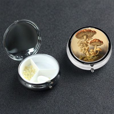 Vintage Mushrooms Pill Box 3 Compartment Round Portable Pill Case for Pocket or Purse Pill Holder Weekly Pill Organizer Decorative Metal Medicine Vitamin Organizer Travel Gift