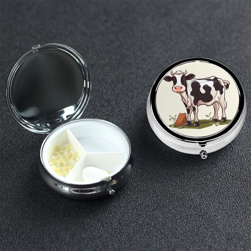 Dairy Cow Pill Box 3 Compartment Round Portable Pill Case for Pocket or Purse Pill Holder Weekly Pill Organizer Decorative Metal Medicine Vitamin Organizer Travel Gift
