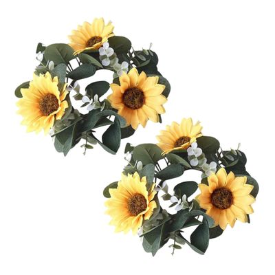 Ciieeo 2pcs Sunflower Eucalyptus Candle Wreaths for Spring Decor Lifelike Floral Centerpieces for Weddings and Home Farmhouse Style Candle Decoration