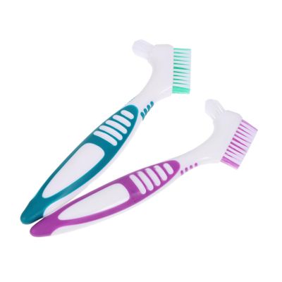 PLAFOPE 2pcs Dual-Head Denture Cleaning Brush Ergonomic Design with Fine Bristles for Thorough Cleaning of Full and Partial Dentures Portable and Convenient for Travel Use Green Purple