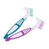 PLAFOPE 2pcs Dual-Head Denture Cleaning Brush Ergonomic Design with Fine Bristles for Thorough Cleaning of Full and Partial Dentures Portable and Convenient for Travel Use Green Purple view 1
