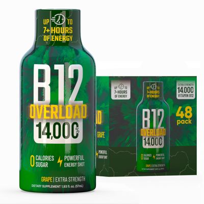 B12 Overload Extra Strength Energy Shot Grape 260mg Caffeine, 14000% B12, Electrolytes Energy & Vitality Support Zero Sugar No Calories Vegan, Kosher, Gluten-Free 1.93 fl oz, 48-Pack
