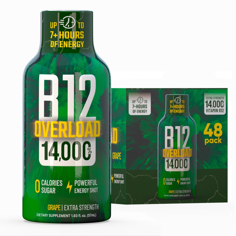 B12 Overload Extra Strength Energy Shot Grape 260mg Caffeine, 14000% B12, Electrolytes Energy & Vitality Support Zero Sugar No Calories Vegan, Kosher, Gluten-Free 1.93 fl oz, 48-Pack