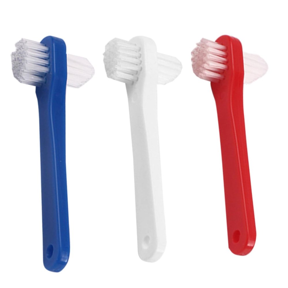 FOYTOKI 3pcs Portable Double-Sided Denture Toothbrush for Adults Hard Bristles Ergonomic Grip Easy Cleaning for False Teeth White Red Blue