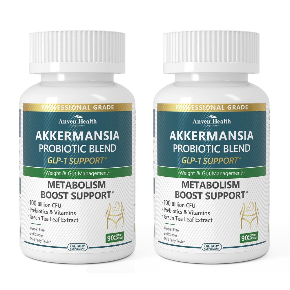Anven Health GLP-1 Supplement 100 Billion Akkermansia Probiotic & Prebiotic for Gut Health & Digestion, Metabolism & Energy Support with Vitamin B2 & D, Green Tea and Chromium - Non-GMO | 180 Capsules