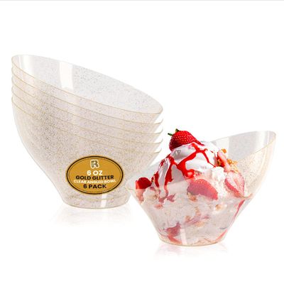 R-kay 6 Pack Angled Candy Bowls - Clear Plastic bowls - Premium Plastic Serving Bowls Heavy Duty For Weddings Catering, parties, And All Occasions (Gold Glitter, Small)
