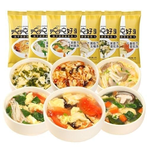 Freeze dried instant vegetable soup 8g*5/10/20/50pack,Healthy breakfast Soups,Side Dishes,brewed instant soup,sour and spicy tomato soup,Fresh mushroom soup,soup gift (Mix 5 flavors,50 packs)