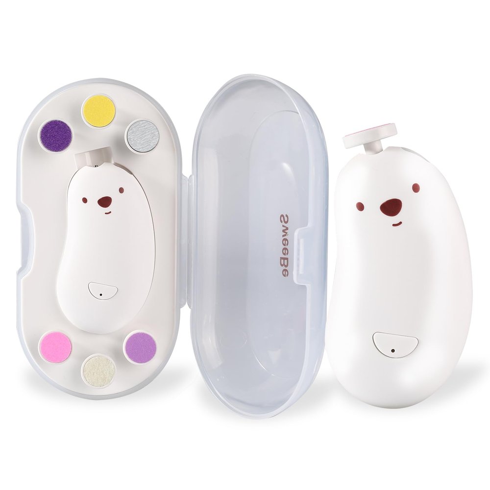 Baby Nail File Electric, Gentle Rechargeable Nail Trimmer, Baby Nail Clippers Grooming Kit Manicure Set for Infant Toddler or Adults, 6 Grinding Head Replacement Pads White