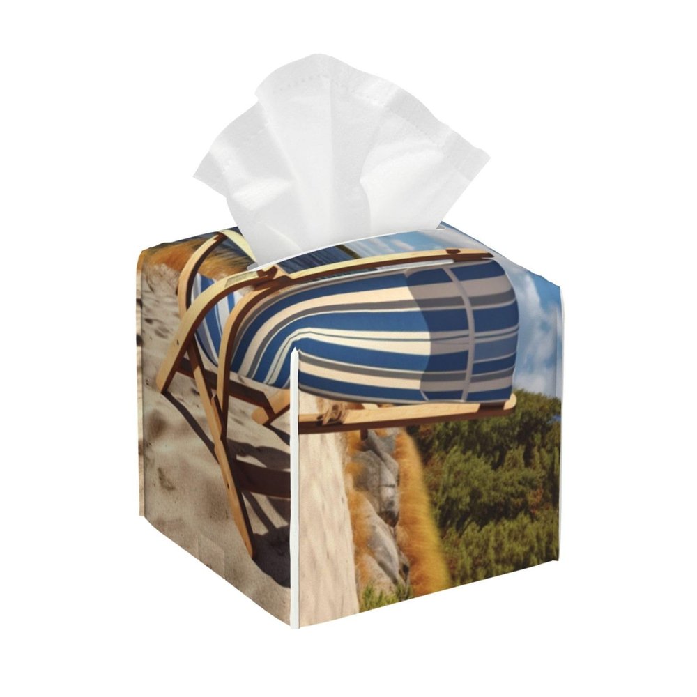 Tissue Box Cover Square Leather Tissue Holder Beach Chair Tissue Box Holder Decorative Facial Tissue Cube Paper Organizer Dispenser for Bathroom Night Stands Desk