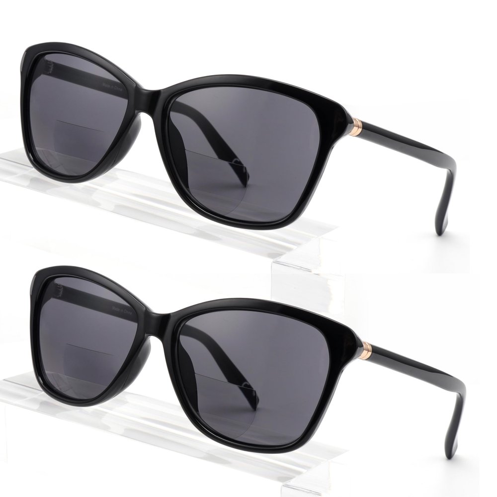 SKYOLUY Premium Bifocal Reading Sunglasses for Women, Retro Cateye Sun Readers UV400 Protection, Classic Shades (2PC Black, 2.5)