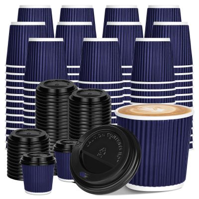 100 4oz Disposable Espresso Cups with Lids Ripple Corrugated Paper Disposable Coffee Cups Cups for Hot Chocolate, Tea, and Cocoa Drinks (Blue)