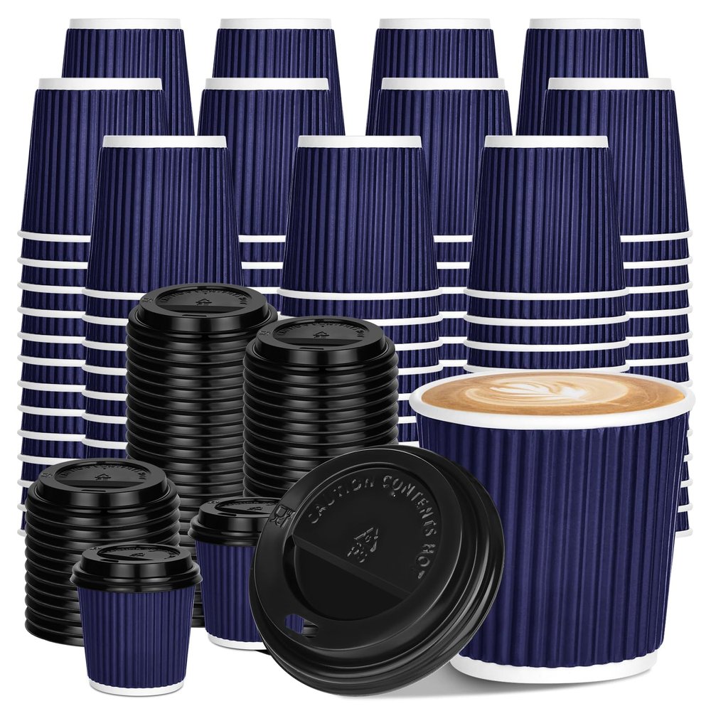 100 4oz Disposable Espresso Cups with Lids Ripple Corrugated Paper Disposable Coffee Cups Cups for Hot Chocolate, Tea, and Cocoa Drinks (Blue)
