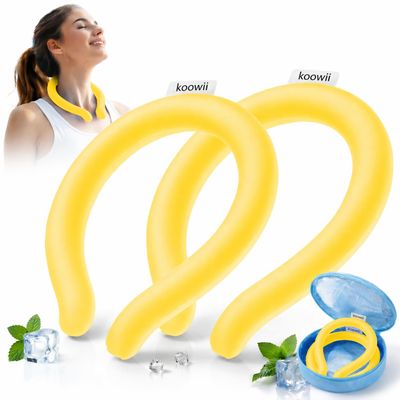 2 Pack Neck Cooling Tube with Insulated Bag, Reusable Ice Neck Ring, Wearable Neck Cooler for Women Men, Freezes Below 64F/18C, Cooling Collar for Summer Heat, Outdoor Work Sports Lemon Yellow