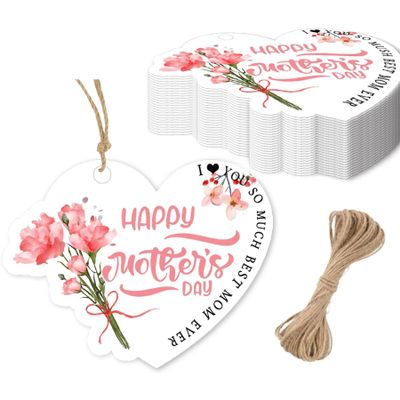 100 Pcs Happy Mother's Day Heart Tags 2.32x3.01 Inches Happy Mother's Day Hanging Paper Tags with String Floral Mothers Day Labels for Mother's Day Wrap Party Favor Decorations
