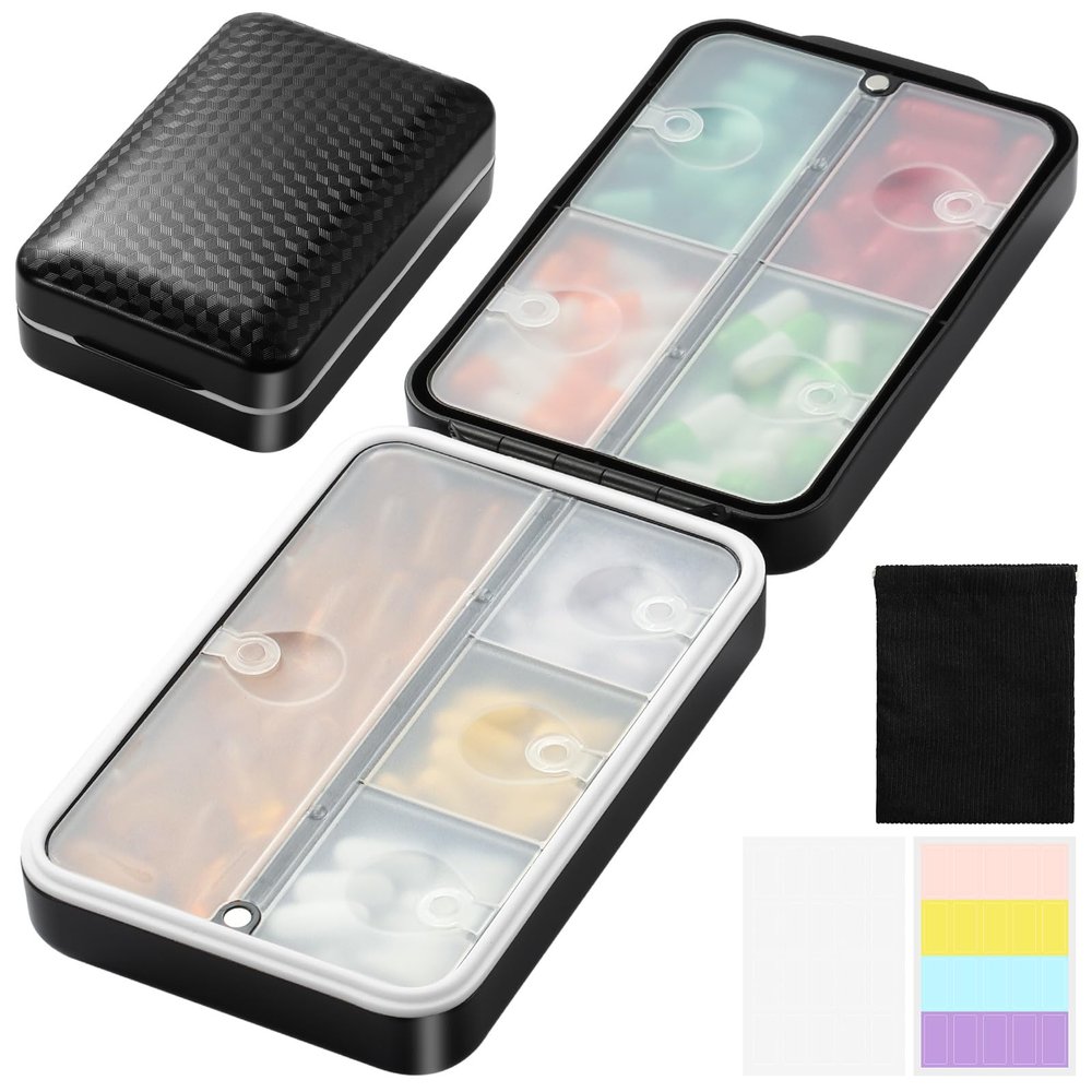 Travel Pill Organizer, Pill Organizer Travel with Labels and Storage Bag, 8 GRIDS Large Travel Pill Box, Moisture-Proof Airtight Daily Pill Case for Vitamin, Medicine, Fish Oil/Supplements, Black