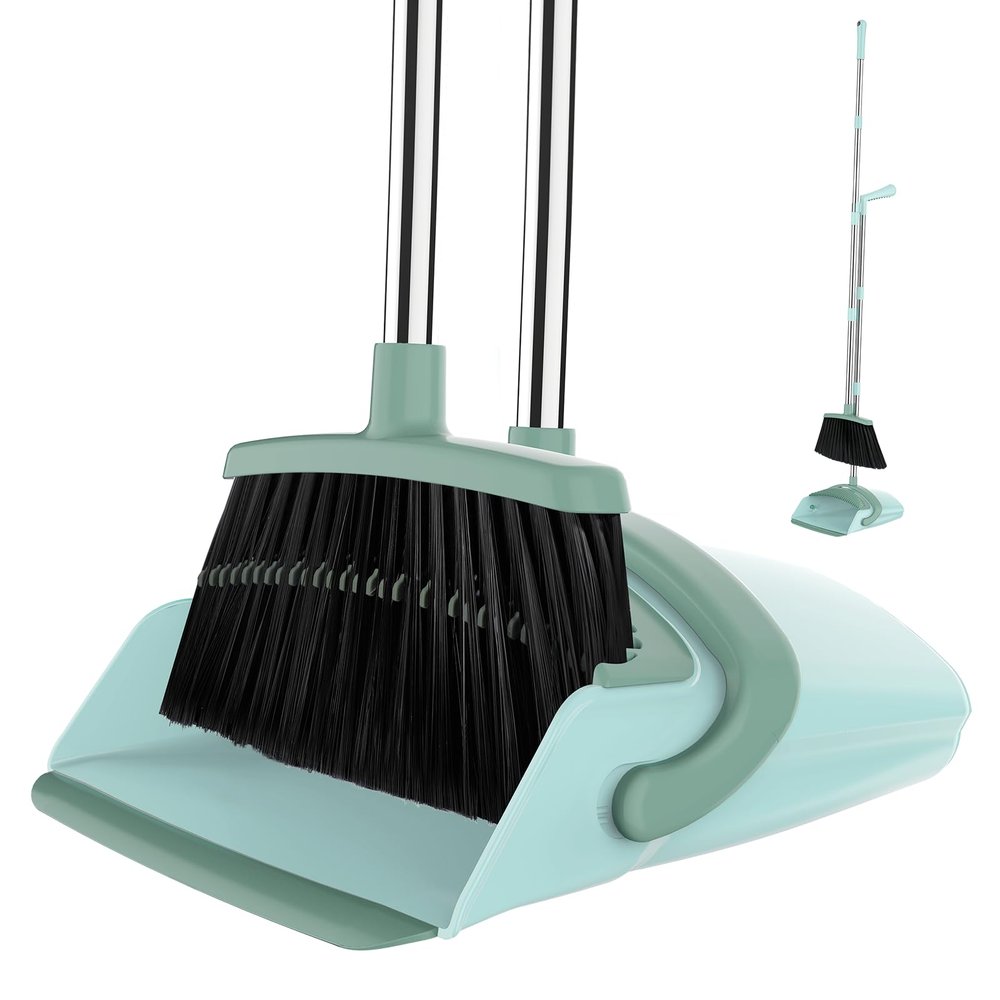 EZKEY Broom and Dustpan Set for Home, 51-in Long Adjustable Handle Angle Broom and Dustpan Combo Set with Dust Pan Teeth to Clean Hair for Home Kitchen Office Lobby Floor Garden, Green