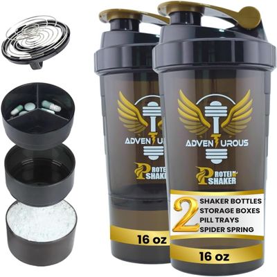 2 Pack Protein Shaker Bottle with Storage for Powder & Pills Leak-Proof, BPA-Free, Adventurous Smooth Mixing Shaker Cup for Protein Shakes, 16 oz, Golden