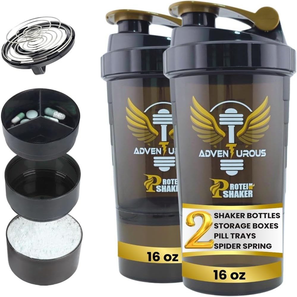 2 Pack Protein Shaker Bottle with Storage for Powder & Pills Leak-Proof, BPA-Free, Adventurous Smooth Mixing Shaker Cup for Protein Shakes, 16 oz, Golden