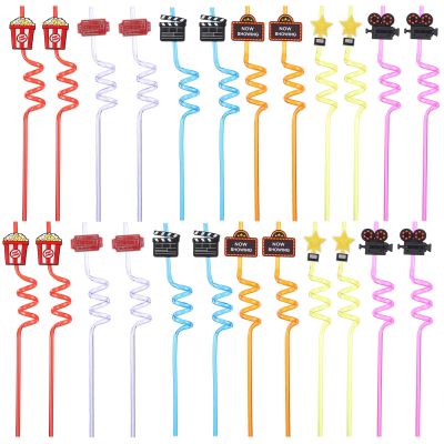 24Pack Movie Night Party Supplies Movie Night Drinking Straws Projector Popcorn Trophy Drinking Straws Plastic Straws Red Carpet Party Decorations for Movie Night Party Favors