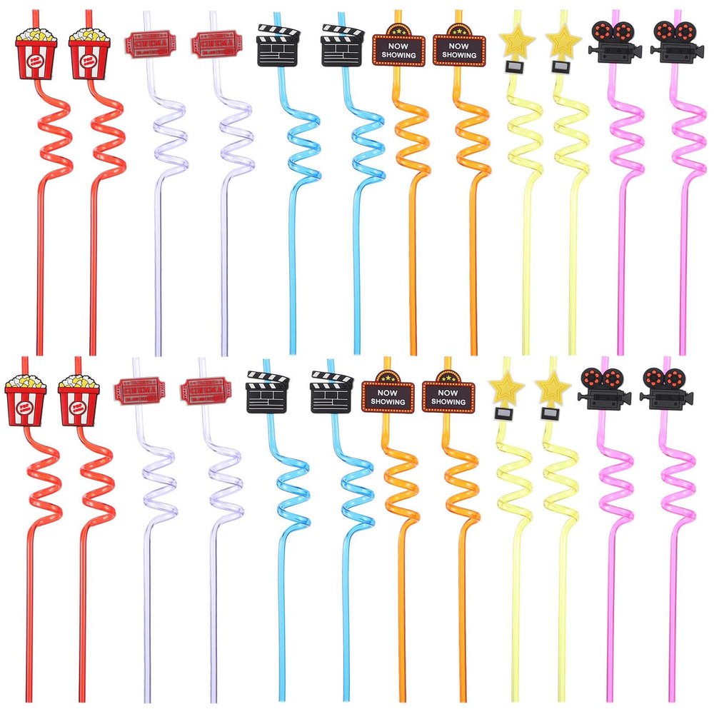 24Pack Movie Night Party Supplies Movie Night Drinking Straws Projector Popcorn Trophy Drinking Straws Plastic Straws Red Carpet Party Decorations for Movie Night Party Favors