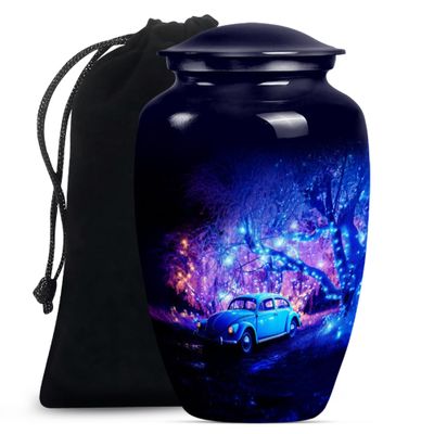 Blue Car Cremation Urn, 10-Inch Memorial Urn for Human Ashes, Elegant Cremation Container for Men and Women, Large Decorative Tribute Jar for Loved Ones, (Size - 10inch)