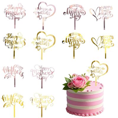 12 Pcs Happy Mother's Day Cake Toppers Gold Love Heart Cake Decoration Acrylic Cake Accessories Cupcake Picks for Mom Birthday Dessert Party Supplies