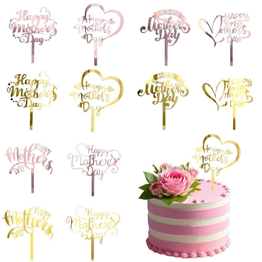 12 Pcs Happy Mother's Day Cake Toppers Gold Love Heart Cake Decoration Acrylic Cake Accessories Cupcake Picks for Mom Birthday Dessert Party Supplies