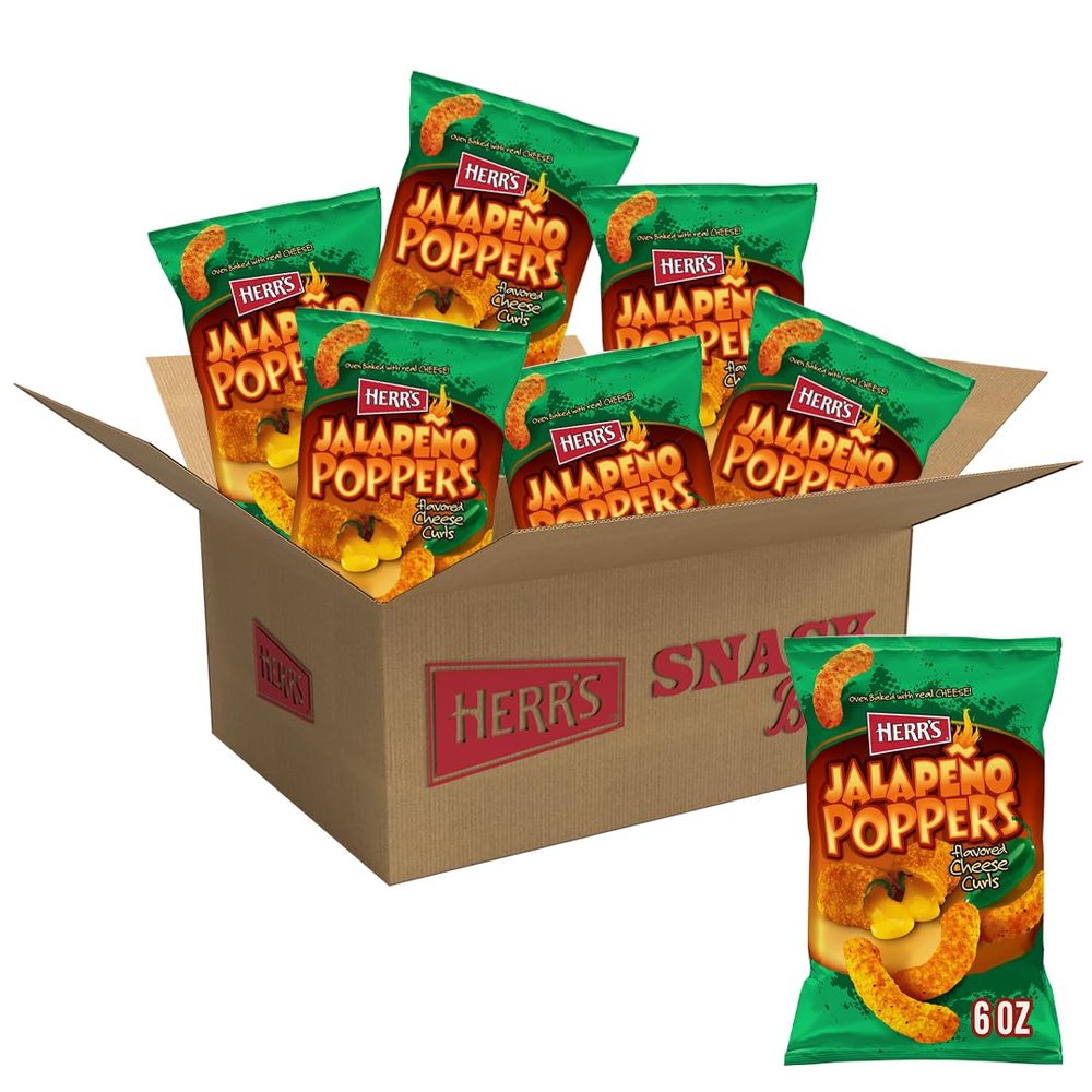 Herr's Jalapeo Poppers Flavored Cheese Curls - Made with Cheddar Cheese - 6 Ounce (Pack of 6) Great for Bold Flavor Fans