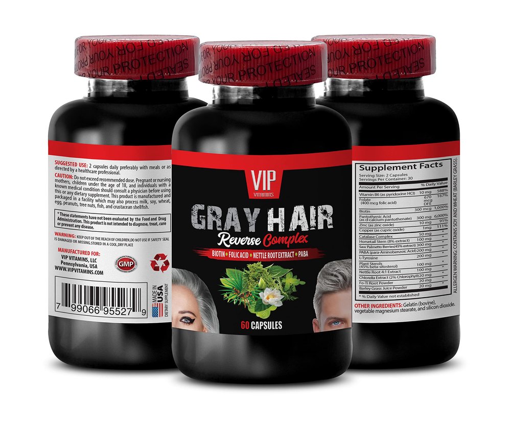 Anti-gray hair supplement - GRAY HAIR REVERSE COMPLEX - gray hair reversal supplements, Biotin, Horsetail, Nettle Root, hair support vitamins, hair growth products, hair restoration 1 Bottle 60 Caps