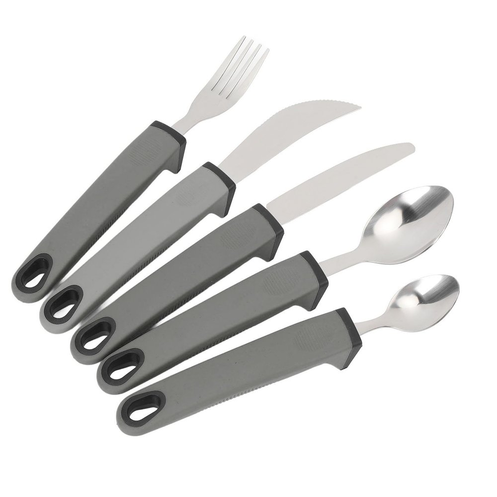 5pcs Stainless Steel Adaptive Utensils for Elderly, Anti Shake Weighted Utensils Adaptive Utensils Set Adaptive Equipment Fork and Spoon Set for Elderly Use (Grey)