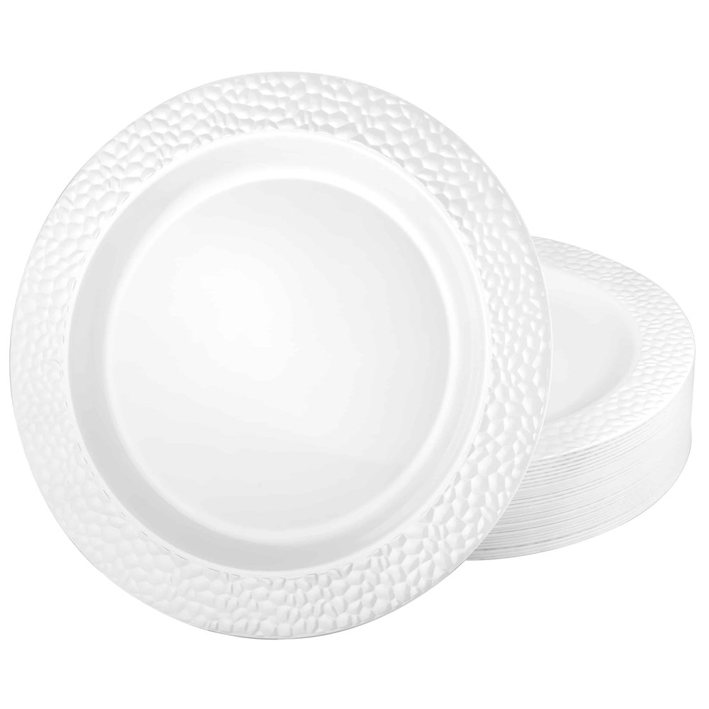 EcoQuality 9 inch Pearl White Plastic Round Dinner Plate Pebble Design Elegant Disposable Tableware for Weddings Parties and Events Durable Stylish and Reusable Design Catering Buffets (100)