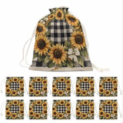 Victoroes Spring Drawstring Gift Bags 10 Pieces, 5" x 7" Small Pastoral Sunflower Wreath Buffalo Plaid Gift Bag Reusable Fabric Wrap Bags for Wedding Party Birthday Christmas Seasonal Holiday