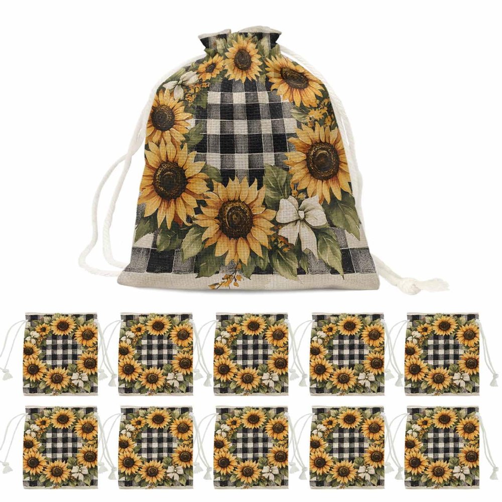 Victoroes Spring Drawstring Gift Bags 10 Pieces, 5" x 7" Small Pastoral Sunflower Wreath Buffalo Plaid Gift Bag Reusable Fabric Wrap Bags for Wedding Party Birthday Christmas Seasonal Holiday
