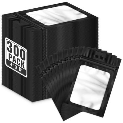 ANZNKU 300 Pcs Resealable Mylar Bags, 4x6 Inch Resealable Bags for Small Business, Smell Proof Hangover Kit Bag, Foil Zipper Pouches with Clear Window for Food Storage Party favor(Black)