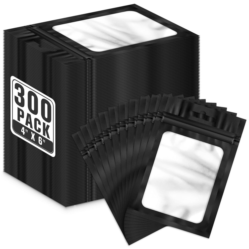 ANZNKU 300 Pcs Resealable Mylar Bags, 4x6 Inch Resealable Bags for Small Business, Smell Proof Hangover Kit Bag, Foil Zipper Pouches with Clear Window for Food Storage Party favor(Black)