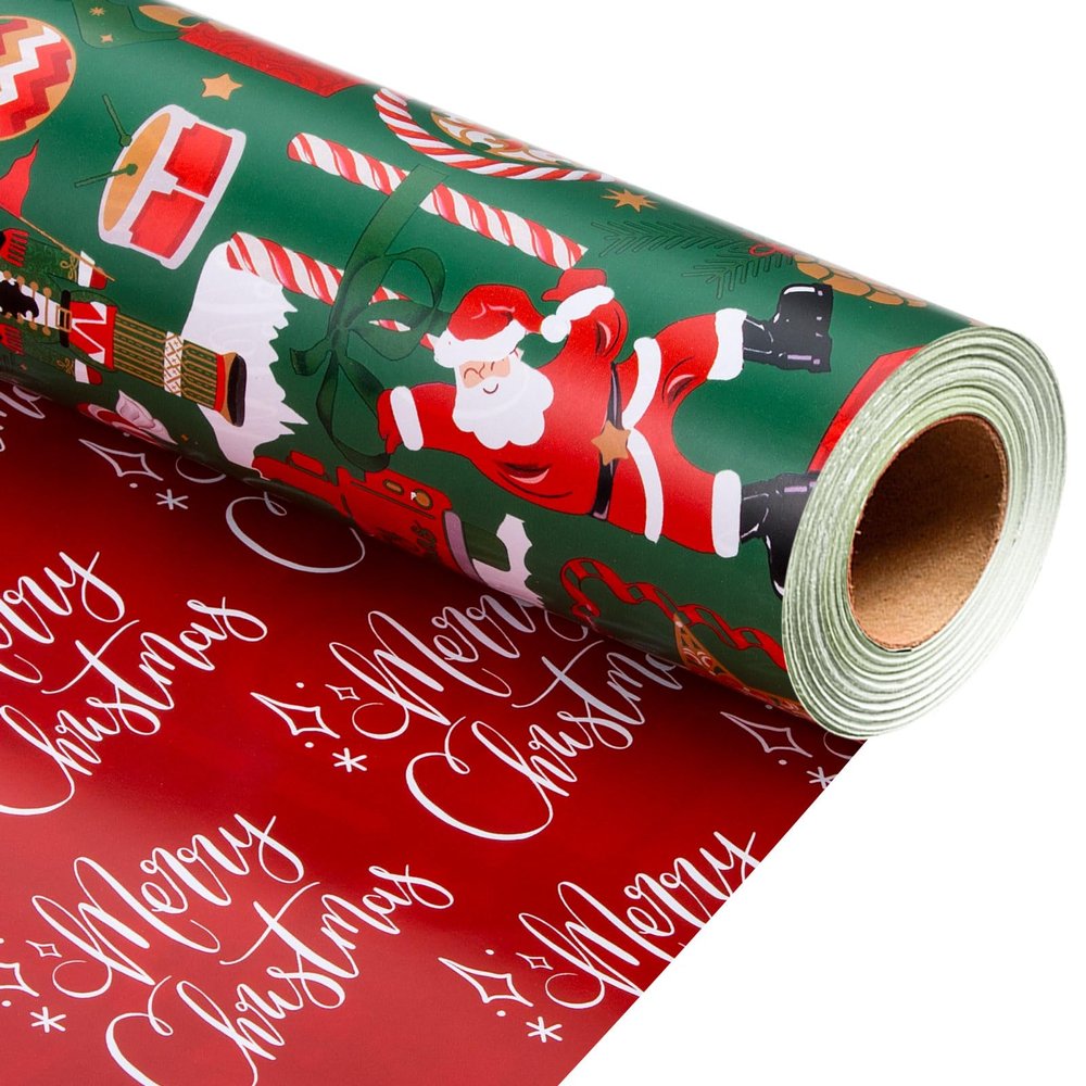 MAYPLUSS Christmas Nutcracker Wrapping Paper Roll - 17 Inch X 33 Feet - Metallic Gift Wrapping Paper Christmas Tree Holly Santa Claus Candy Cane Reversible Snowflakes for Holiday Party New Year Kids