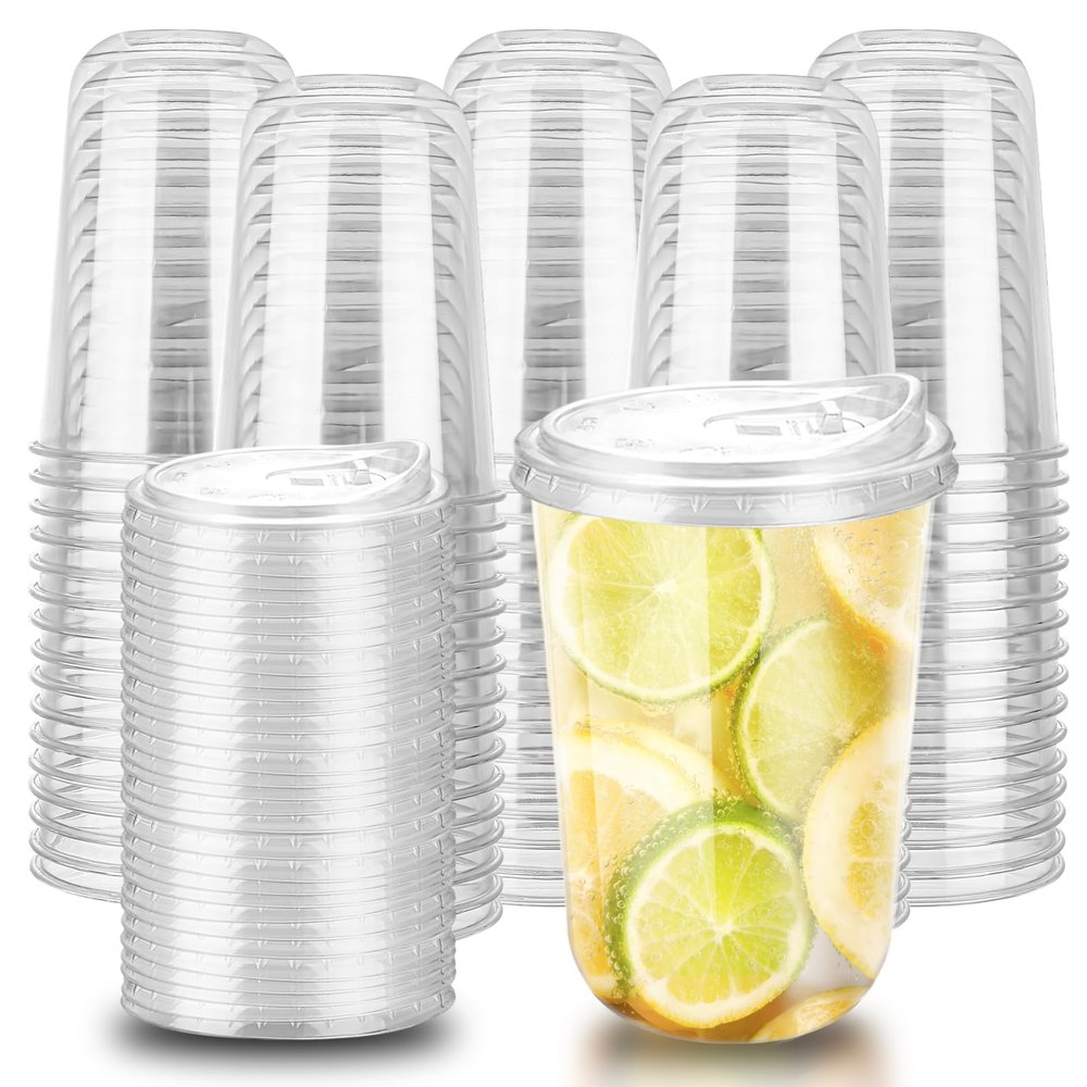 16oz Disposable Stemless Glasses With Strawless Sip Lids,PET Disposable Drinking Cups,Clear Plastic Wine Glasses for Parties Birthday,Wedding,Meeting,Christmas Party Supplies (100, Transparent)